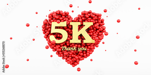 3D render of a gold 5000 followers thank you isolated on white background, 3k, red heart and red balloons, ball.