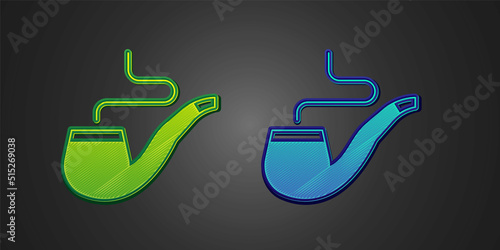 Green and blue Smoking pipe with smoke icon isolated on black background. Tobacco pipe. Vector