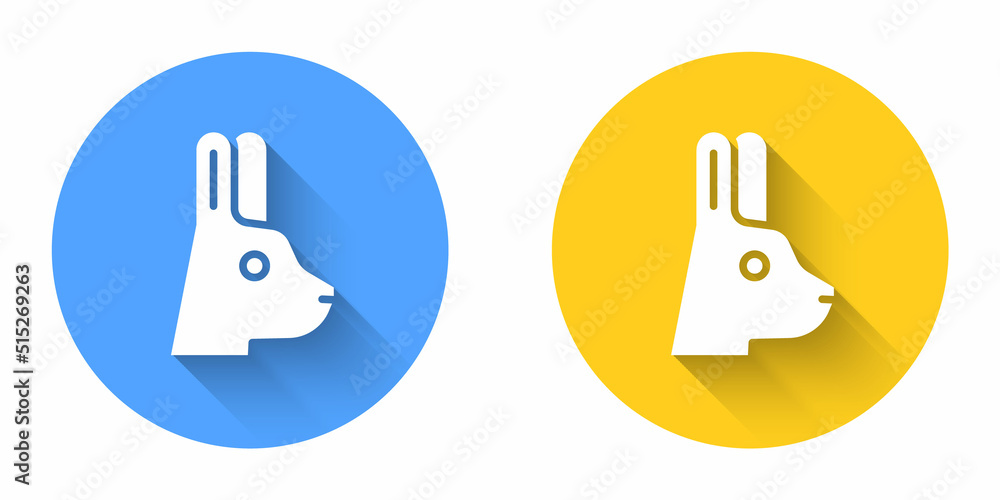 White Rabbit with ears icon isolated with long shadow background. Magic trick. Mystery entertainment concept. Circle button. Vector White Rabbit with ears icon isolated with long shadow background. Magic trick. Mystery entertainment concept. Circle button. Vector