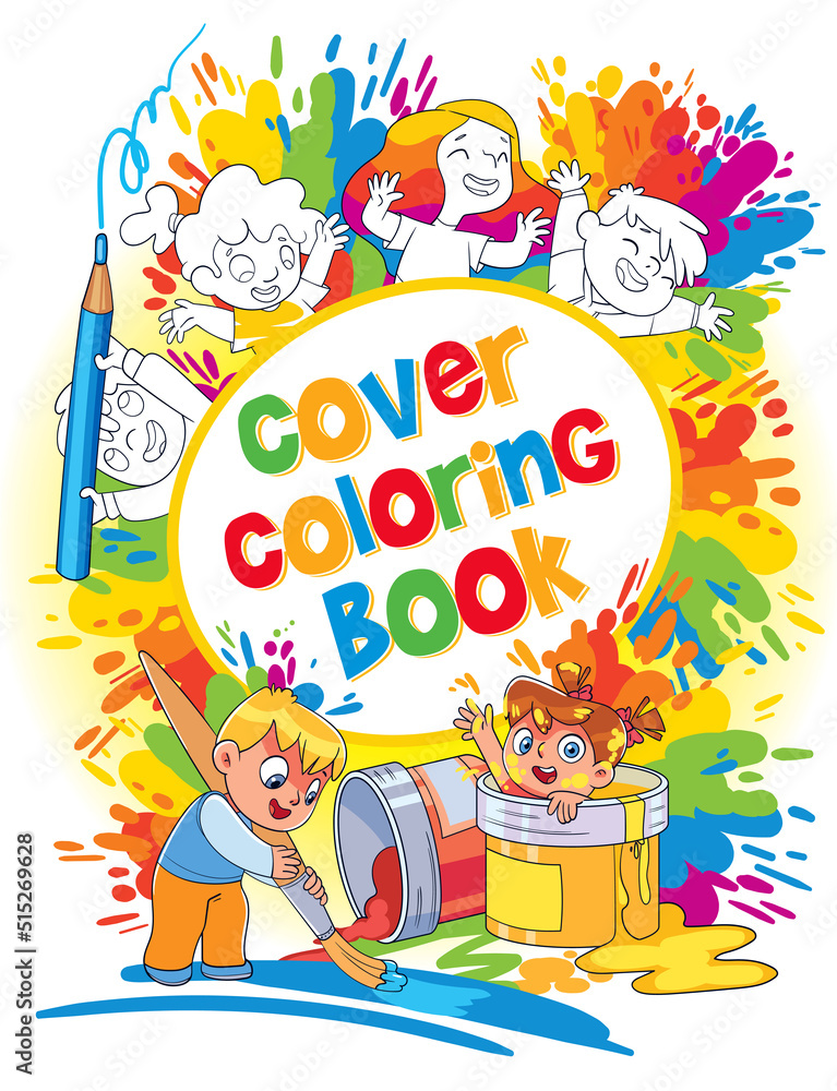 Black and white drawings of children on a background of colored splashes of paint. Coloring book cover concept art. Colorful cartoon characters. Funny vector illustration Black and white drawings of children on a background of colored splashes of paint. Coloring book cover concept art. Colorful cartoon characters. Funny vector illustration
