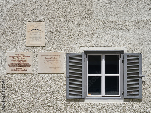 The front of the museum with plaques by Franz Gruber, composer of the song Silent Night, Hallein, Austria
