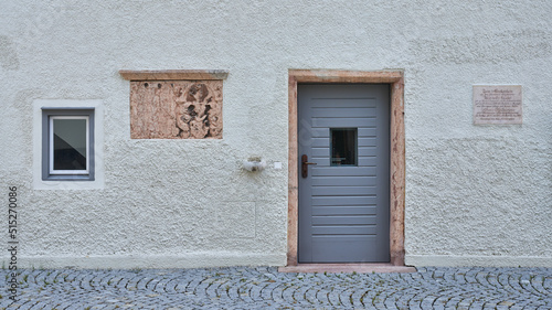 The front of the museum with plaques by Franz Gruber, composer of the song Silent Night, Hallein, Austria