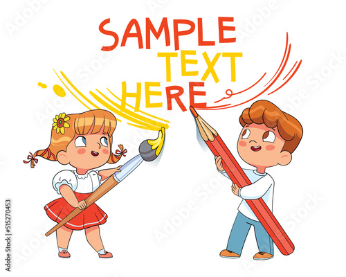 Girl and Boy write big text on the wall. Colorful cartoon characters. Funny vector illustration. Isolated on white background