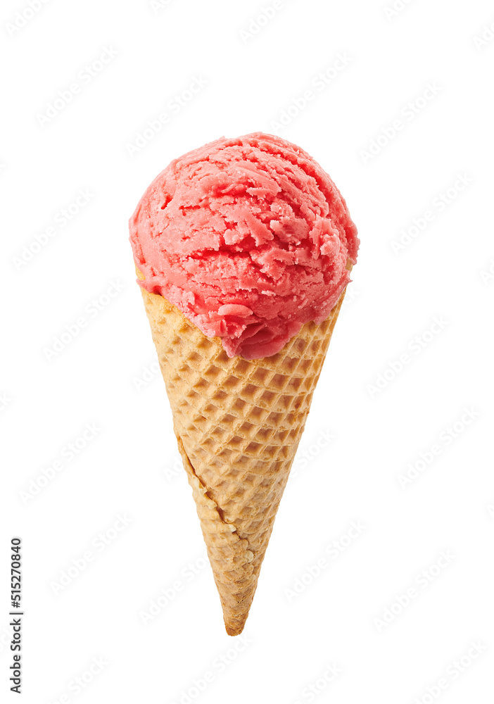 Cherry ice cream scoops with cone isolated on white background Cherry ice cream scoops with cone isolated on white background