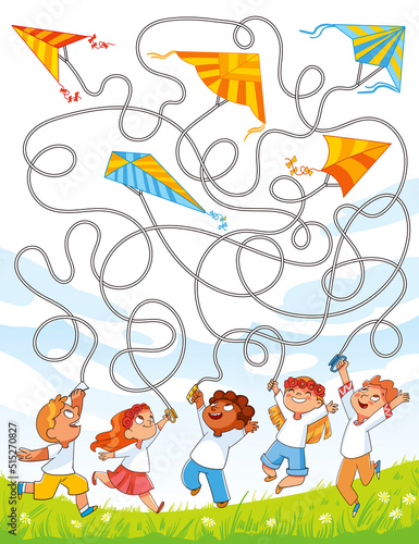 Kids puzzle maze. Children fly kites into the sky. Funny cartoon character. Vector illustration