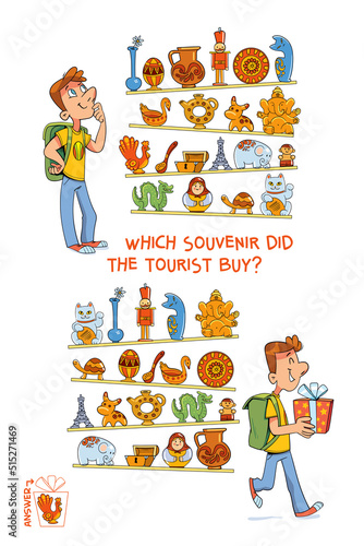 Find the differences puzzle game. Which souvenir did the tourist buy. Find hidden objects in the picture. Puzzle Hidden Items. Funny cartoon character. Vector illustration