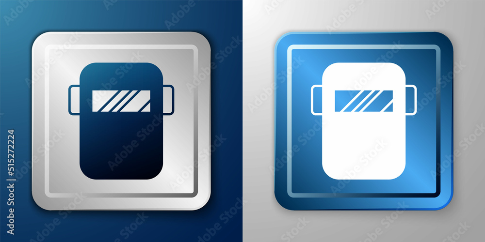 White Protective welding mask helmet icon isolated on blue and grey background. Protective clothing and tool worker. Silver and blue square button. Vector White Protective welding mask helmet icon isolated on blue and grey background. Protective clothing and tool worker. Silver and blue square button. Vector