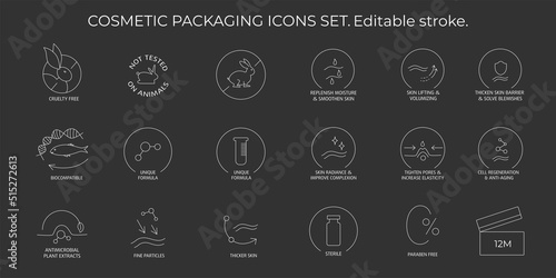 Cosmetic packaging icons set. Editable stroke. Vector stock illustration isolated on black chalkboard background for beauty and skin care product - face cream, lotion, shampoo.