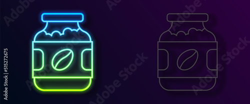 Glowing neon line Coffee jar bottle icon isolated on black background. Vector