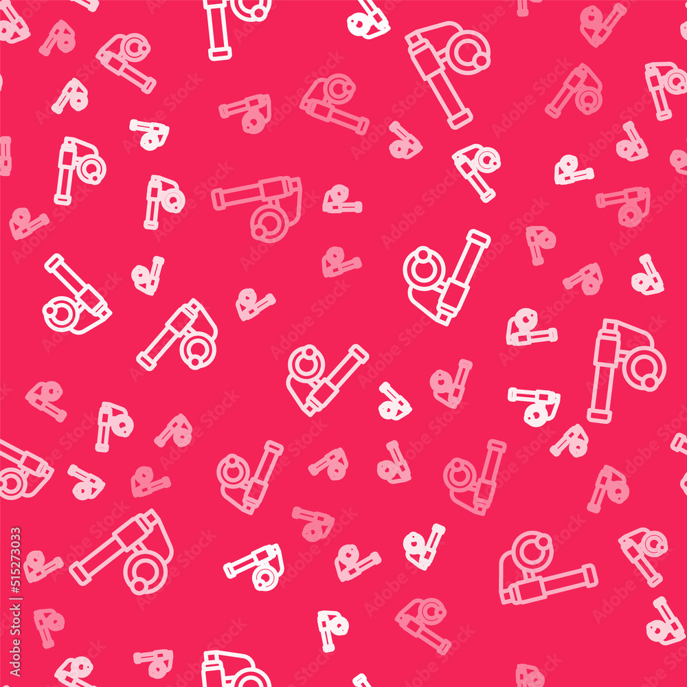 White line Fishing rod icon isolated seamless pattern on red background. Catch a big fish. Fishing equipment and fish farming topics. Vector White line Fishing rod icon isolated seamless pattern on red background. Catch a big fish. Fishing equipment and fish farming topics. Vector