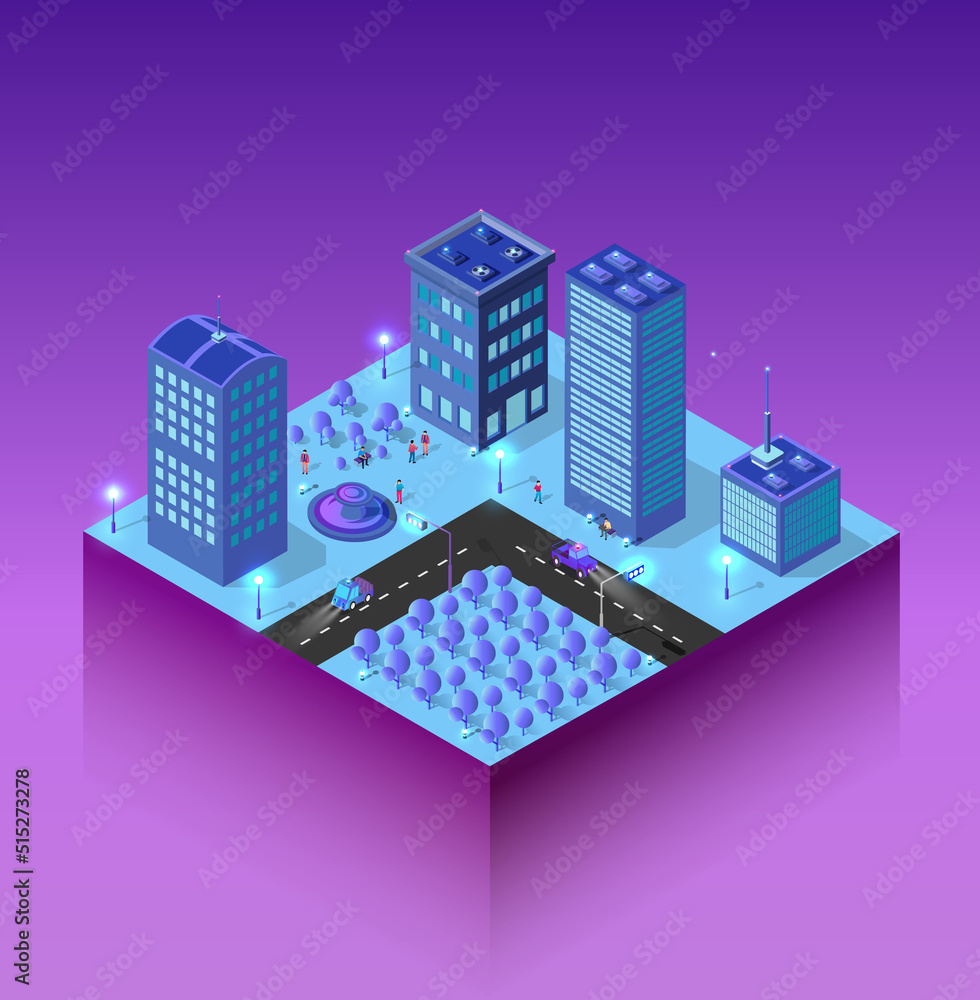 Fototapeta premium Module quarter area of the smart city night ultraviolet blue