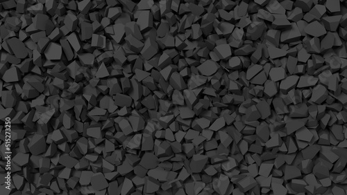 Heap of coal. Top view on black rubble pile. Background with broken rocks. 3D rendered image.