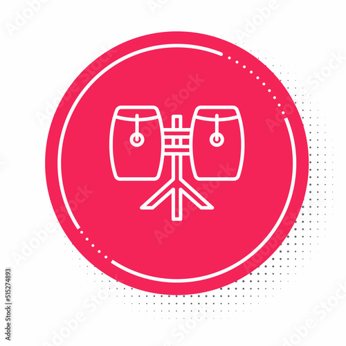 White line Conga drums icon isolated on white background. Musical instrument. Red circle button. Vector