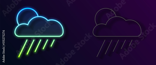 Glowing neon line Cloud with rain and sun icon isolated on black background. Rain cloud precipitation with rain drops. Vector