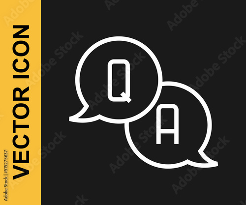 White line Speech bubbles with Question and Answer icon isolated on black background. Q and A symbol. FAQ sign. Chat speech bubble and chart. Vector