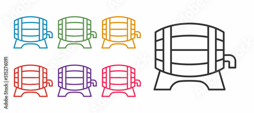 Set line Wooden barrel on rack with stopcock icon isolated on white background. Set icons colorful. Vector