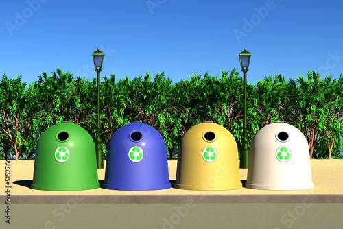 Recicle bins with recycling sign. 3D Illustration