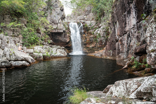 Beautiful view to wild and rocky cerrado waterfall