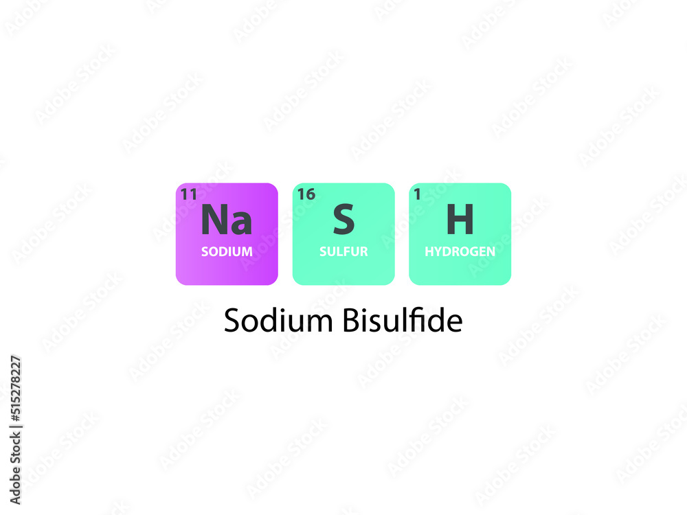 NaHS Sodium Bisulfide molecule. Simple molecular formula consisting of Sodium, Hydrogen, Sulfur elements. Chemical compound simplified structure on white background. NaHS Sodium Bisulfide molecule. Simple molecular formula consisting of Sodium, Hydrogen, Sulfur elements. Chemical compound simplified structure on white background.