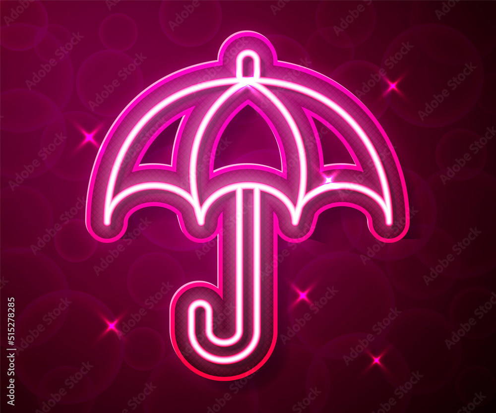 Glowing neon line Umbrella icon isolated on red background. Insurance concept. Waterproof icon. Protection, safety, security concept. Vector Glowing neon line Umbrella icon isolated on red background. Insurance concept. Waterproof icon. Protection, safety, security concept. Vector