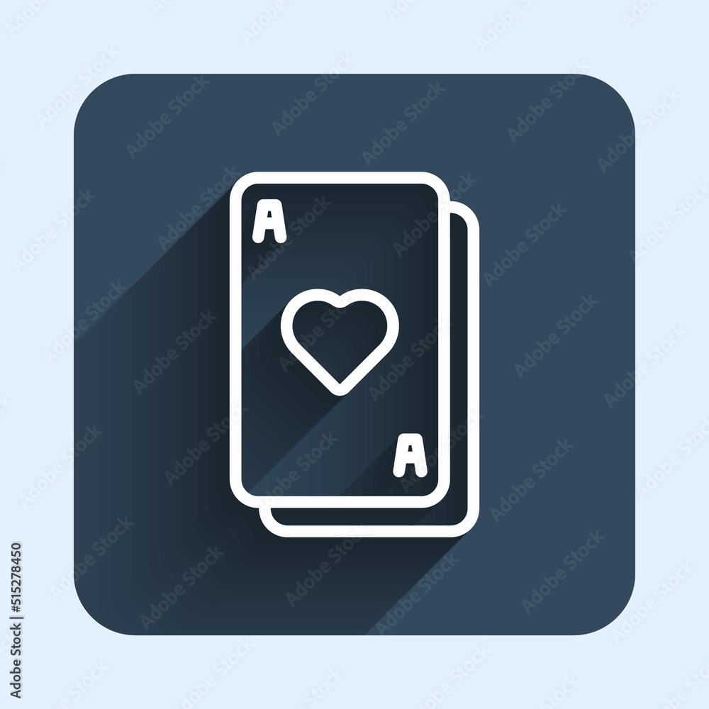 White line Playing cards icon isolated with long shadow background. Casino gambling. Blue square button. Vector White line Playing cards icon isolated with long shadow background. Casino gambling. Blue square button. Vector
