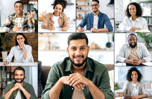 Faces of people of different nationalities. A group of multiracial people gathered for video conference talks, an Indian leader, a mentor, talking with his colleagues, business partners, about work