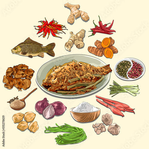 Arsik Ikan Mas And Ingredients Illustration, Sketch And Vector Style, Traditional Food From North Sumatra, Good to use for food element print. Indonesian cuisine, recipe book, and food element concept