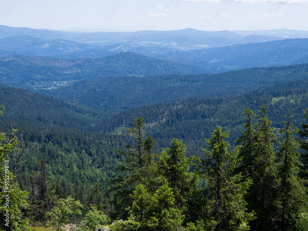View of the mountain peaks of the Bavarian Forest.