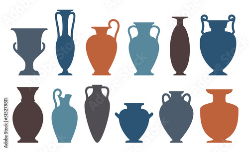 Vase silhouettes set. Different antique ceramic vases and vessels. Various forms and shapes of ancient greek jars and amphorae. Clay vessels pottery collection. Vector