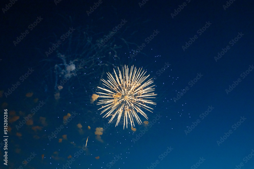 Firework over the blue sky at night, white, orange. Amateur photo. Noise. Grain.