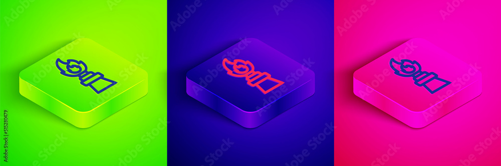 Isometric line Oil rig with fire icon isolated on green, blue and pink background. Fire accident. Gas tower. Industrial object. Square button. Vector Isometric line Oil rig with fire icon isolated on green, blue and pink background. Fire accident. Gas tower. Industrial object. Square button. Vector