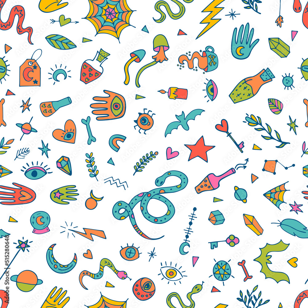 Fototapeta premium Mystical esoteric background. Halloween. Magical hand drawn seamless pattern. Doodle boho style. Witchcraft print