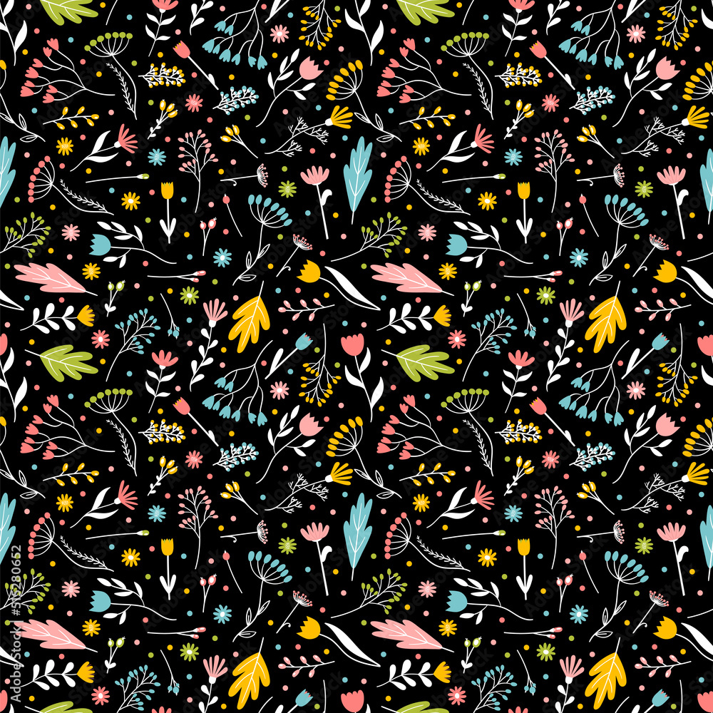 Naklejka premium Seamless pattern with hand drawn flowers. Floral background. Trendy texture for wrapping, fabric, print, textile, wallpaper