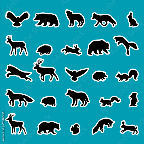 Forest animals. Silhouettes  stickers. Black outline of wild woodland animals. Bear  deer  wolf  fox  owl  hedgehog  squirrel  hare