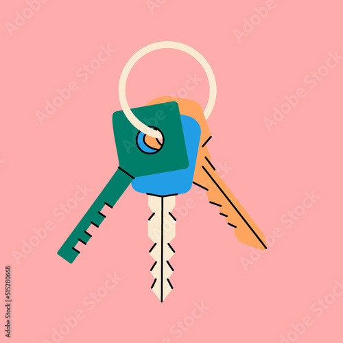 Bunch of different keys with ring keyholder. Colored hand drawn house keys. Modern door keys. Home security illustration poster template