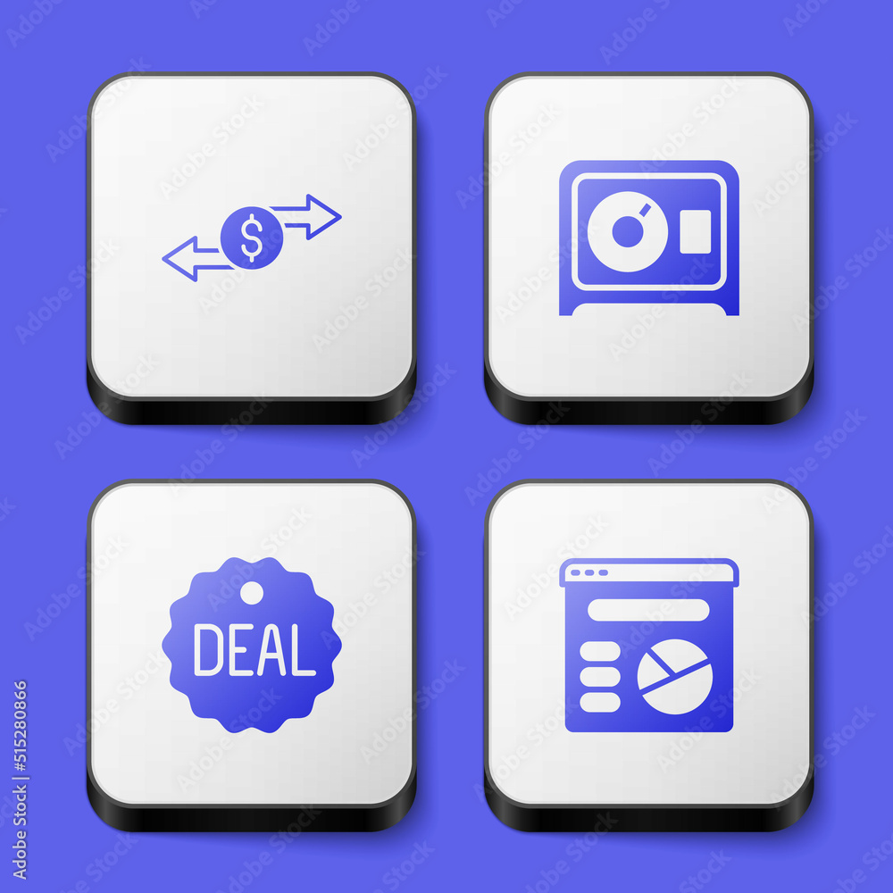 Set Money exchange, Safe, Deal and Pie chart infographic icon. White square button. Vector Set Money exchange, Safe, Deal and Pie chart infographic icon. White square button. Vector