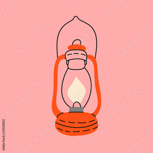 Vintage gas lamp icon. Oil lantern with burning wick and holder. Find or search concept. Colored gas lamp illustration