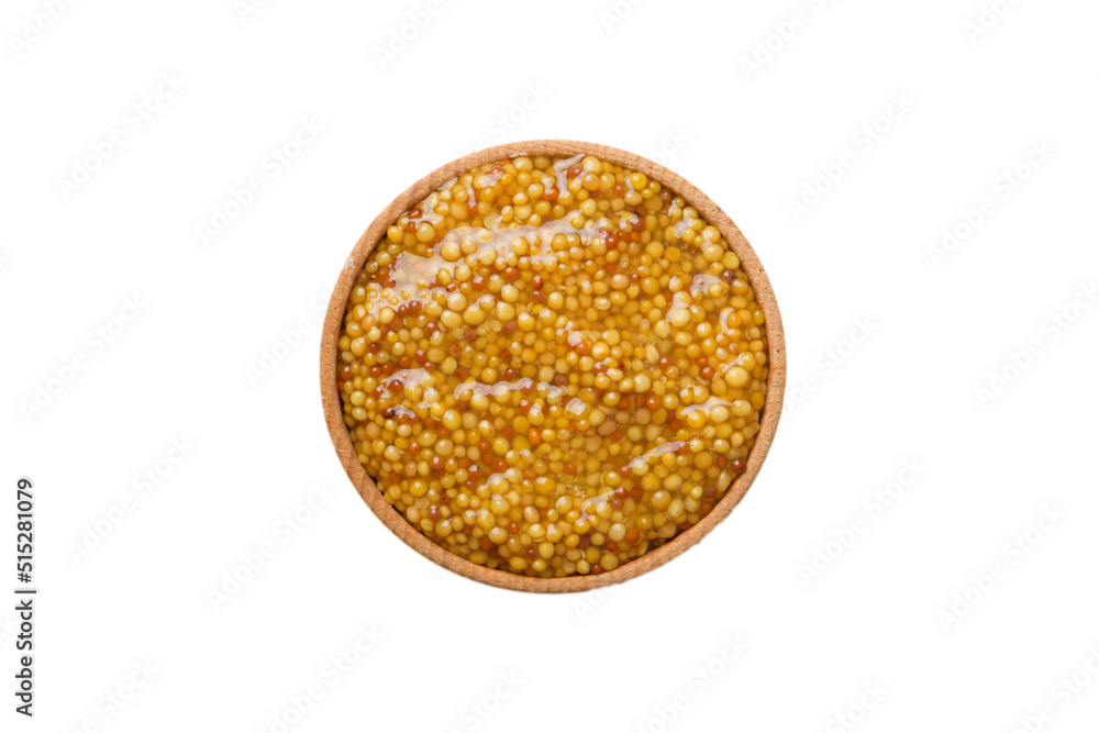Bowl of Dijon mustard sauce isolated on white background. top view Bowl of Dijon mustard sauce isolated on white background. top view
