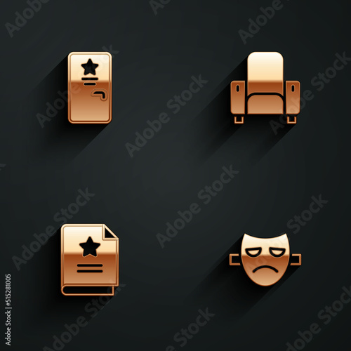 Set Backstage, Cinema chair, Scenario and Drama theatrical mask icon with long shadow. Vector