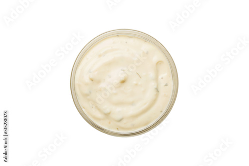 Bowl of Caesar sauce isolated on white background. top view