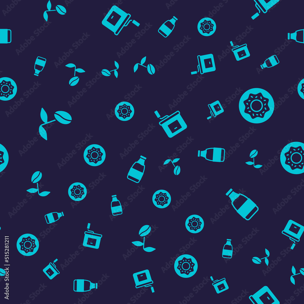 Set Coffee beans, Donut, Manual coffee grinder and Milk bottle on seamless pattern. Vector Set Coffee beans, Donut, Manual coffee grinder and Milk bottle on seamless pattern. Vector