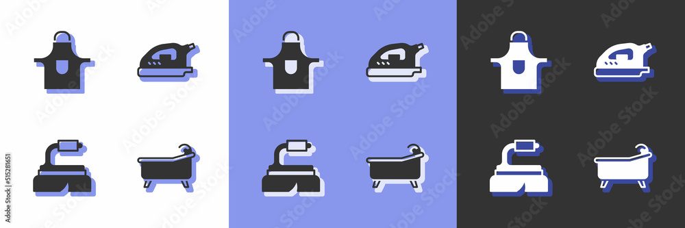 Set Bathtub, Kitchen apron, Brush for cleaning and Electric iron icon. Vector