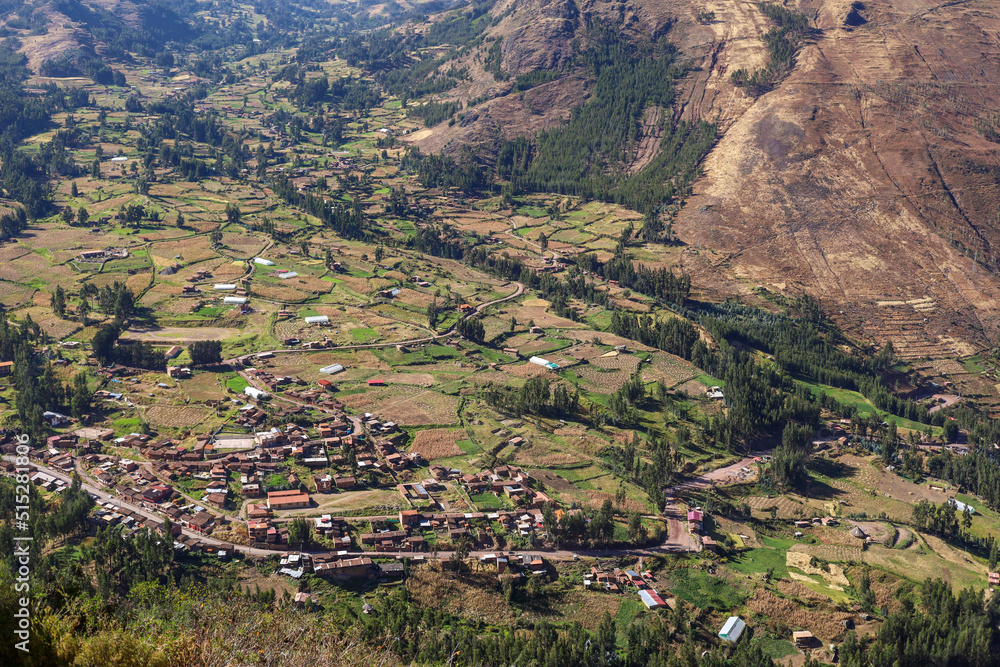 Nice view of the town of Pisac from the ruins with the same name in Cusco.