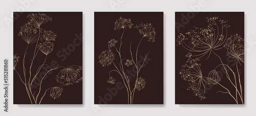 Dark art background with grass and flowers in golden line art style. Botanical hand drawn poster set for decor, wallpaper, interior design.
