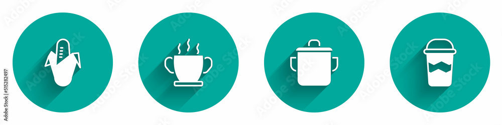 Set Corn, Bowl of hot soup, Cooking pot and Coffee cup to go icon with long shadow. Vector Set Corn, Bowl of hot soup, Cooking pot and Coffee cup to go icon with long shadow. Vector