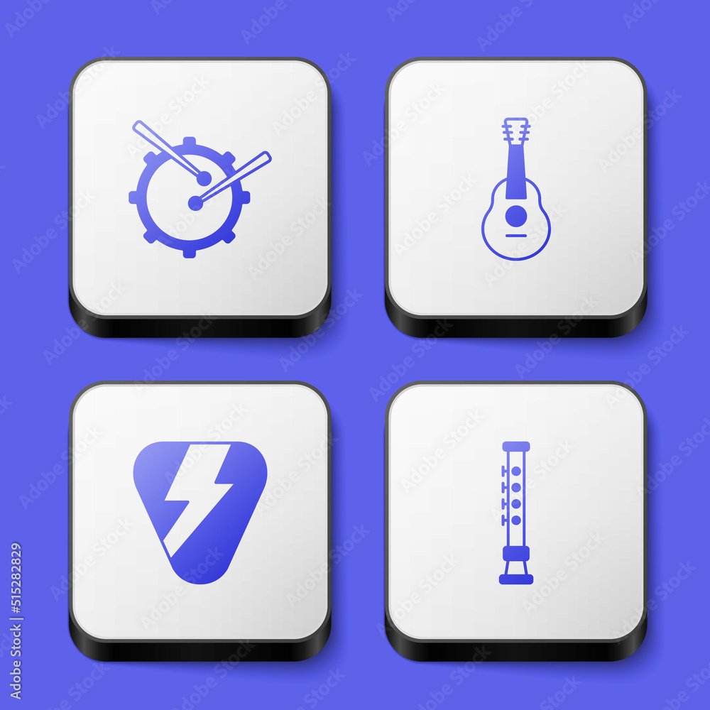 Set Drum with drum sticks, Guitar, pick and Flute icon. White square button. Vector Set Drum with drum sticks, Guitar, pick and Flute icon. White square button. Vector