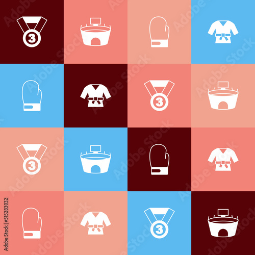 Set pop art Medal, Stadium, Boxing glove and Kimono icon. Vector