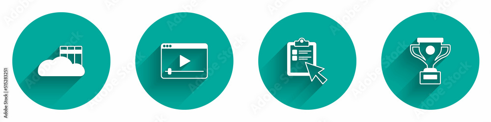 Set Cloud or online library, Online play video, quiz, test, survey and Award cup icon with long shadow. Vector Set Cloud or online library, Online play video, quiz, test, survey and Award cup icon with long shadow. Vector