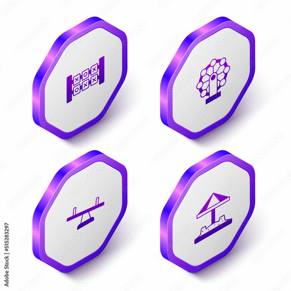 Set Isometric Education logic game, Ferris wheel, Seesaw and Sandbox with sand icon. Purple hexagon button. Vector Set Isometric Education logic game, Ferris wheel, Seesaw and Sandbox with sand icon. Purple hexagon button. Vector