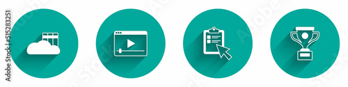 Set Cloud or online library, Online play video, quiz, test, survey and Award cup icon with long shadow. Vector